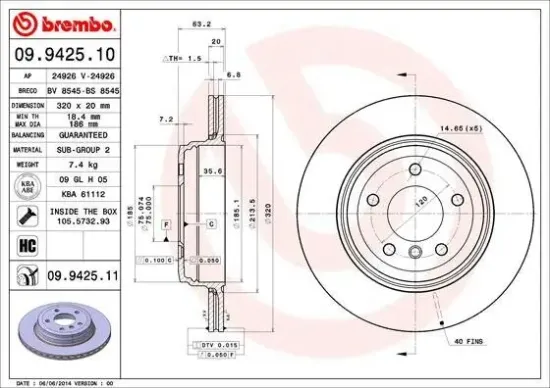 Bremsscheibe Hinterachse BREMBO 09.9425.11 Bild Bremsscheibe Hinterachse BREMBO 09.9425.11