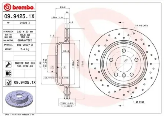Bremsscheibe Hinterachse BREMBO 09.9425.1X Bild Bremsscheibe Hinterachse BREMBO 09.9425.1X
