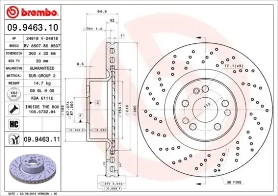 Bremsscheibe BREMBO 09.9463.11 Bild Bremsscheibe BREMBO 09.9463.11