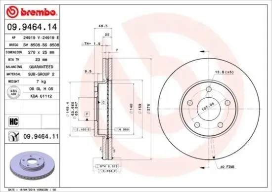 Bremsscheibe BREMBO 09.9464.11 Bild Bremsscheibe BREMBO 09.9464.11