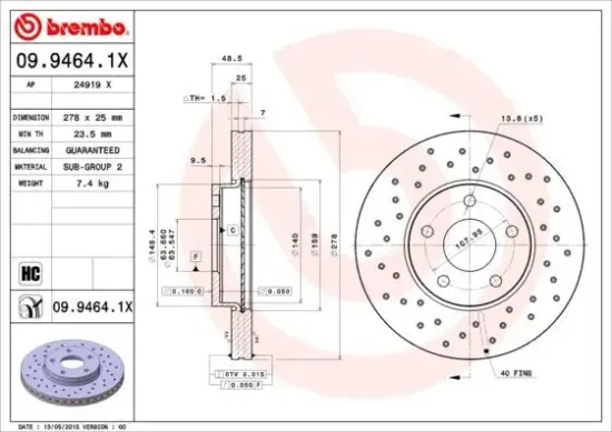 Bremsscheibe Vorderachse BREMBO 09.9464.1X Bild Bremsscheibe Vorderachse BREMBO 09.9464.1X