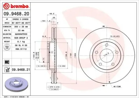 Bremsscheibe Vorderachse BREMBO 09.9468.21 Bild Bremsscheibe Vorderachse BREMBO 09.9468.21