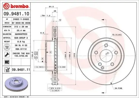 Bremsscheibe Vorderachse BREMBO 09.9481.11 Bild Bremsscheibe Vorderachse BREMBO 09.9481.11