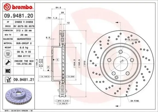 Bremsscheibe Vorderachse BREMBO 09.9481.21 Bild Bremsscheibe Vorderachse BREMBO 09.9481.21