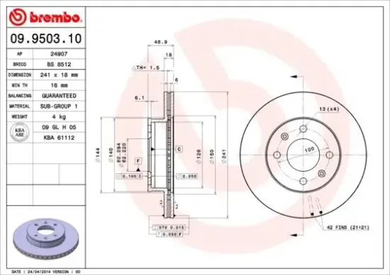 Bremsscheibe Vorderachse BREMBO 09.9503.10 Bild Bremsscheibe Vorderachse BREMBO 09.9503.10