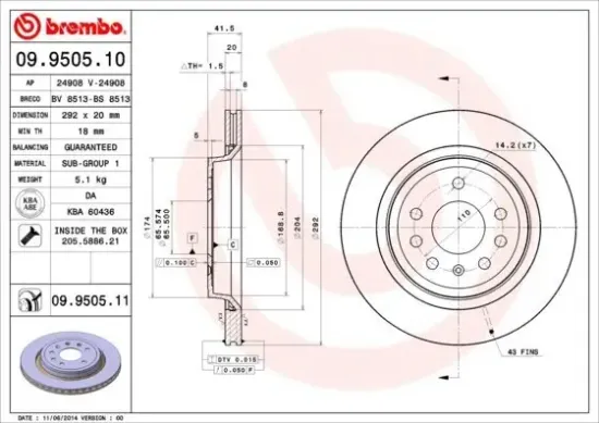 Bremsscheibe Hinterachse BREMBO 09.9505.11 Bild Bremsscheibe Hinterachse BREMBO 09.9505.11