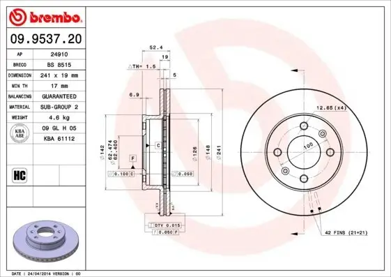 Bremsscheibe Vorderachse BREMBO 09.9537.20