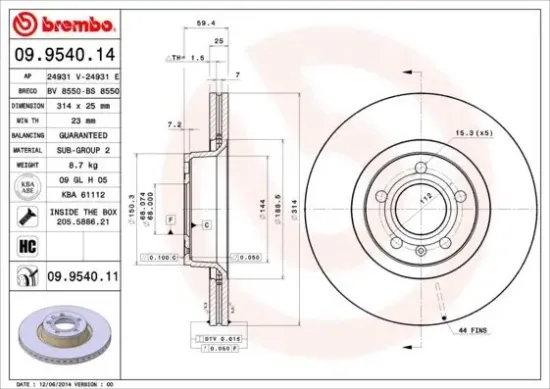 Bremsscheibe Vorderachse BREMBO 09.9540.11 Bild Bremsscheibe Vorderachse BREMBO 09.9540.11