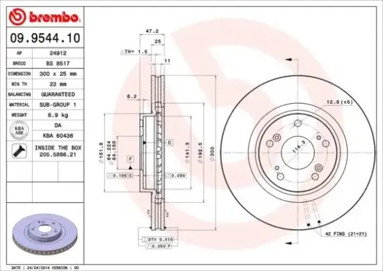 Bremsscheibe Vorderachse BREMBO 09.9544.11 Bild Bremsscheibe Vorderachse BREMBO 09.9544.11
