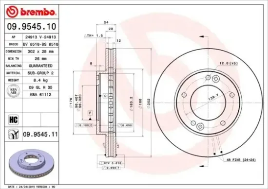 Bremsscheibe Vorderachse BREMBO 09.9545.11 Bild Bremsscheibe Vorderachse BREMBO 09.9545.11