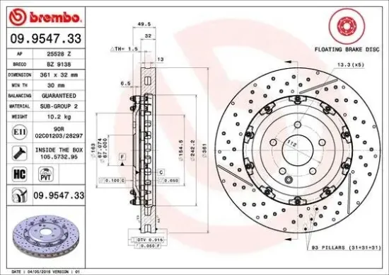 Bremsscheibe Vorderachse BREMBO 09.9547.33 Bild Bremsscheibe Vorderachse BREMBO 09.9547.33