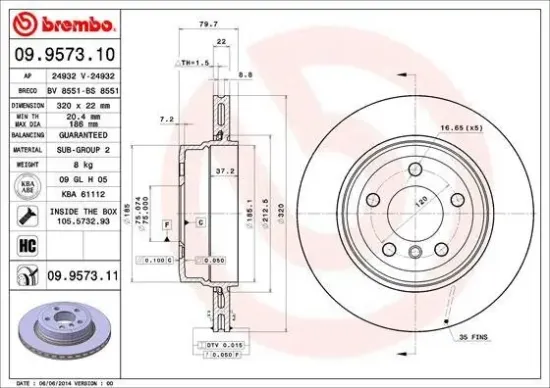 Bremsscheibe Hinterachse BREMBO 09.9573.11 Bild Bremsscheibe Hinterachse BREMBO 09.9573.11