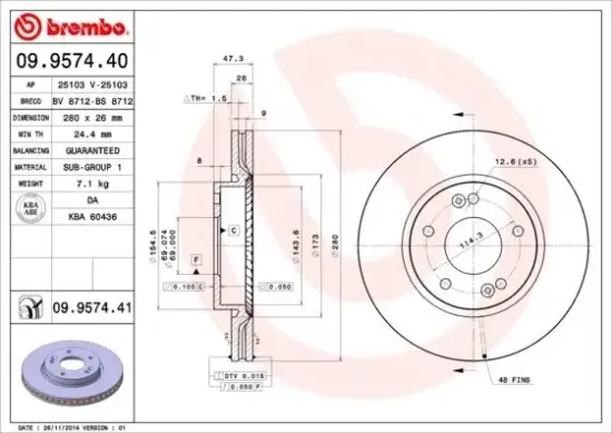 Bremsscheibe Vorderachse BREMBO 09.9574.41 Bild Bremsscheibe Vorderachse BREMBO 09.9574.41