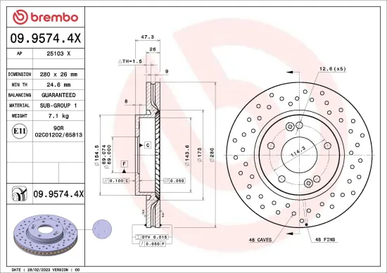 Bremsscheibe Vorderachse BREMBO 09.9574.4X Bild Bremsscheibe Vorderachse BREMBO 09.9574.4X