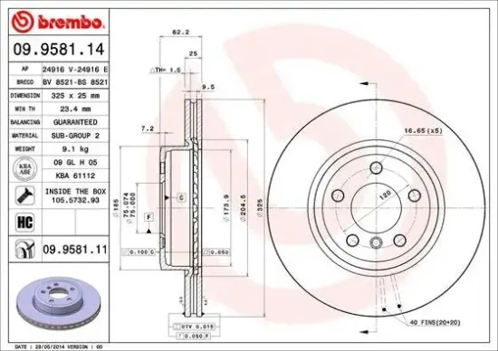 Bremsscheibe Vorderachse BREMBO 09.9581.11 Bild Bremsscheibe Vorderachse BREMBO 09.9581.11