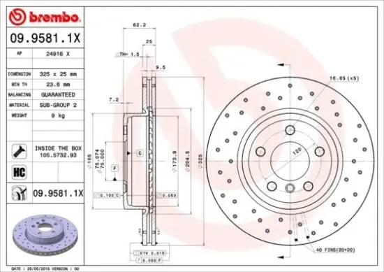 Bremsscheibe Vorderachse BREMBO 09.9581.1X Bild Bremsscheibe Vorderachse BREMBO 09.9581.1X