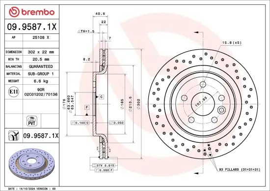 Bremsscheibe Hinterachse BREMBO 09.9587.1X Bild Bremsscheibe Hinterachse BREMBO 09.9587.1X