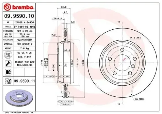 Bremsscheibe Hinterachse BREMBO 09.9590.11 Bild Bremsscheibe Hinterachse BREMBO 09.9590.11