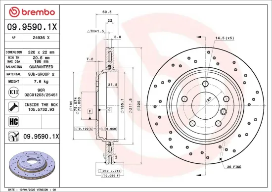 Bremsscheibe Hinterachse BREMBO 09.9590.1X Bild Bremsscheibe Hinterachse BREMBO 09.9590.1X