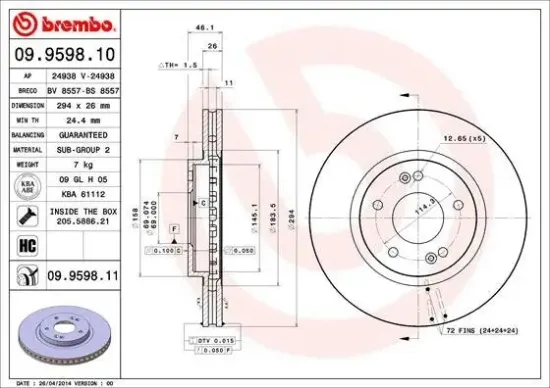 Bremsscheibe Vorderachse BREMBO 09.9598.11 Bild Bremsscheibe Vorderachse BREMBO 09.9598.11