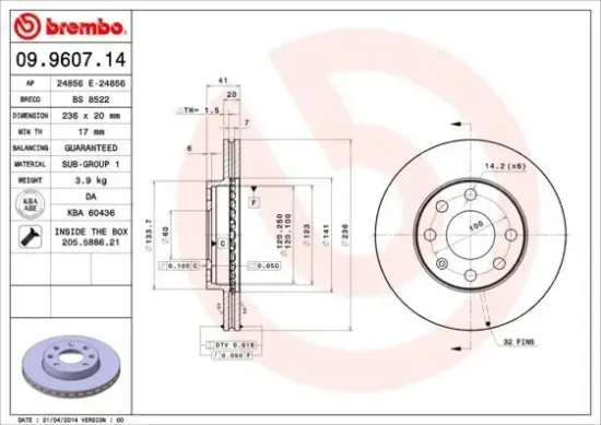 Bremsscheibe Vorderachse BREMBO 09.9607.14 Bild Bremsscheibe Vorderachse BREMBO 09.9607.14