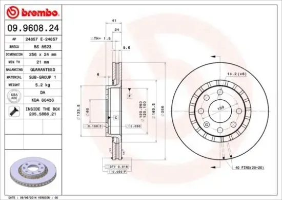 Bremsscheibe Vorderachse BREMBO 09.9608.24 Bild Bremsscheibe Vorderachse BREMBO 09.9608.24