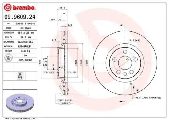 Bremsscheibe Vorderachse BREMBO 09.9609.24 Bild Bremsscheibe Vorderachse BREMBO 09.9609.24
