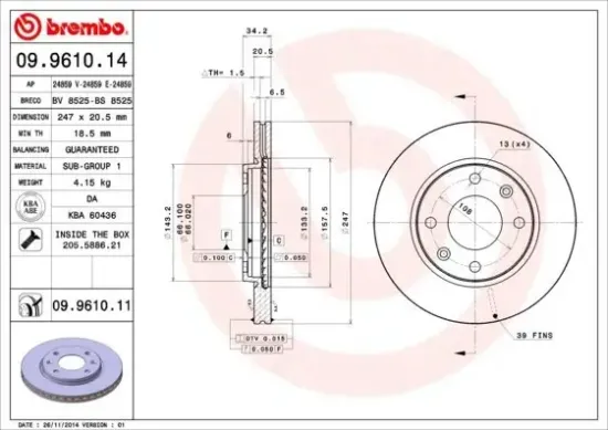 Bremsscheibe Vorderachse BREMBO 09.9610.11 Bild Bremsscheibe Vorderachse BREMBO 09.9610.11