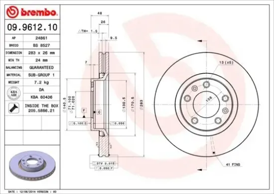 Bremsscheibe Vorderachse BREMBO 09.9612.10 Bild Bremsscheibe Vorderachse BREMBO 09.9612.10