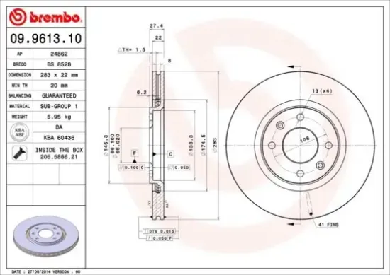 Bremsscheibe Vorderachse BREMBO 09.9613.10 Bild Bremsscheibe Vorderachse BREMBO 09.9613.10