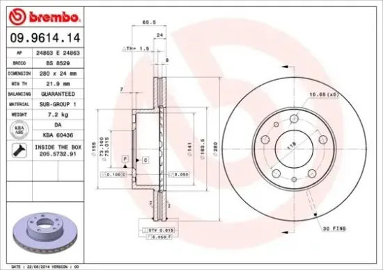 Bremsscheibe Vorderachse BREMBO 09.9614.14 Bild Bremsscheibe Vorderachse BREMBO 09.9614.14