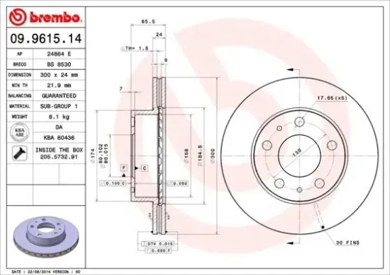 Bremsscheibe Vorderachse BREMBO 09.9615.14 Bild Bremsscheibe Vorderachse BREMBO 09.9615.14