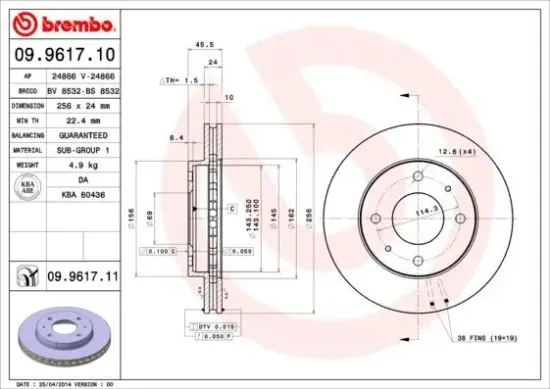 Bremsscheibe BREMBO 09.9617.11 Bild Bremsscheibe BREMBO 09.9617.11