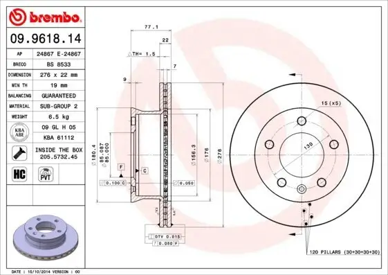 Bremsscheibe Vorderachse BREMBO 09.9618.14