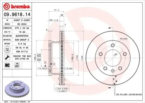 Bremsscheibe Vorderachse BREMBO 09.9618.14 Bild Bremsscheibe Vorderachse BREMBO 09.9618.14
