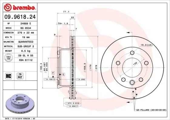 Bremsscheibe Vorderachse BREMBO 09.9618.24