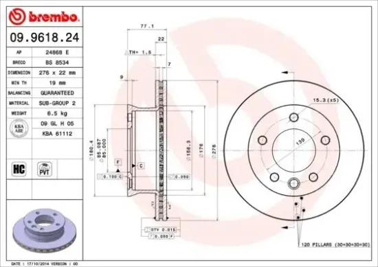 Bremsscheibe Vorderachse BREMBO 09.9618.24 Bild Bremsscheibe Vorderachse BREMBO 09.9618.24