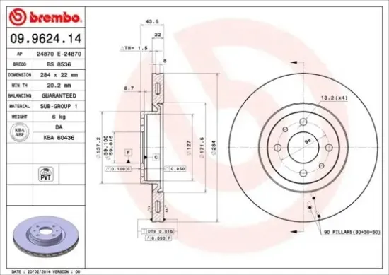 Bremsscheibe Vorderachse BREMBO 09.9624.14 Bild Bremsscheibe Vorderachse BREMBO 09.9624.14