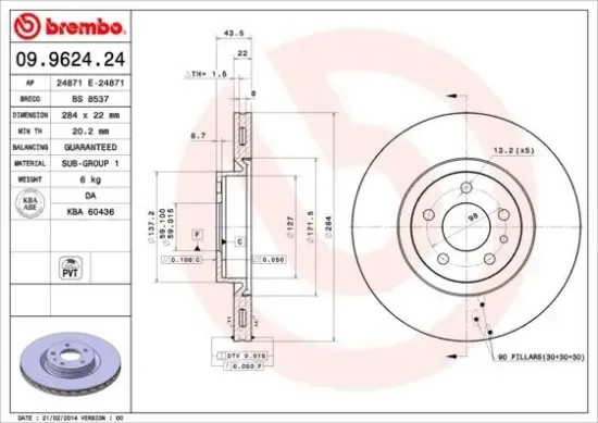 Bremsscheibe Vorderachse BREMBO 09.9624.24 Bild Bremsscheibe Vorderachse BREMBO 09.9624.24