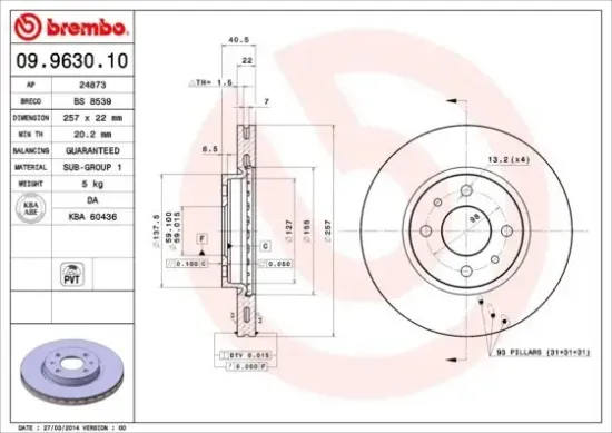 Bremsscheibe Vorderachse BREMBO 09.9630.10 Bild Bremsscheibe Vorderachse BREMBO 09.9630.10