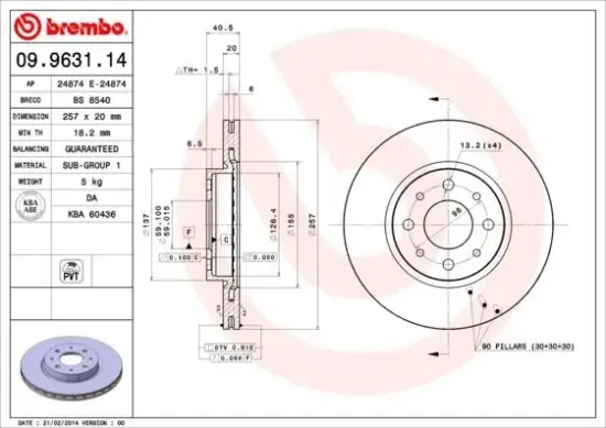 Bremsscheibe Vorderachse BREMBO 09.9631.14 Bild Bremsscheibe Vorderachse BREMBO 09.9631.14