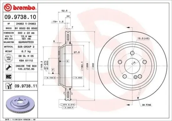 Bremsscheibe Hinterachse BREMBO 09.9738.11 Bild Bremsscheibe Hinterachse BREMBO 09.9738.11