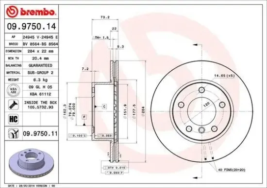 Bremsscheibe Vorderachse BREMBO 09.9750.11 Bild Bremsscheibe Vorderachse BREMBO 09.9750.11