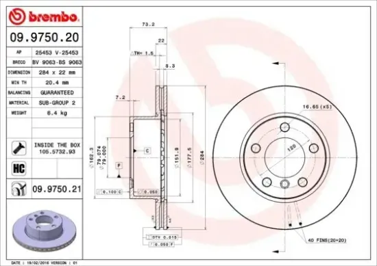 Bremsscheibe Vorderachse BREMBO 09.9750.21 Bild Bremsscheibe Vorderachse BREMBO 09.9750.21