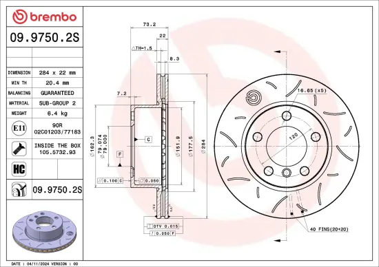 Bremsscheibe Vorderachse BREMBO 09.9750.2S Bild Bremsscheibe Vorderachse BREMBO 09.9750.2S