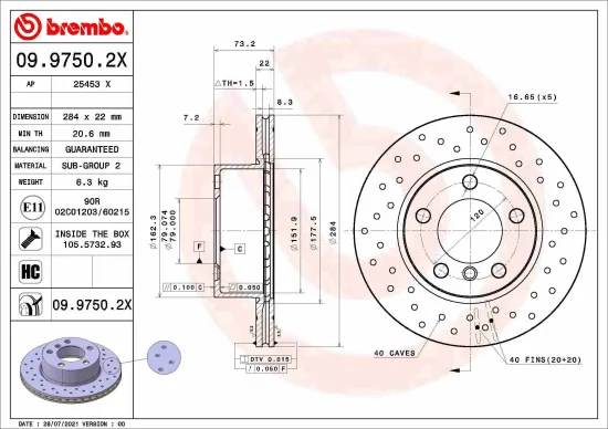 Bremsscheibe Vorderachse BREMBO 09.9750.2X Bild Bremsscheibe Vorderachse BREMBO 09.9750.2X