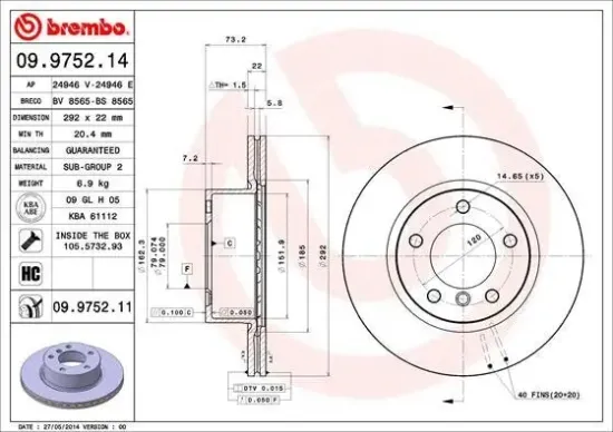 Bremsscheibe Vorderachse BREMBO 09.9752.11 Bild Bremsscheibe Vorderachse BREMBO 09.9752.11