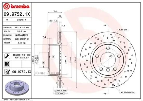 Bremsscheibe Vorderachse BREMBO 09.9752.1X Bild Bremsscheibe Vorderachse BREMBO 09.9752.1X