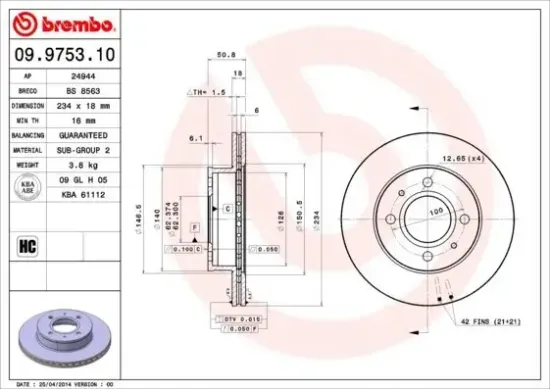 Bremsscheibe Vorderachse BREMBO 09.9753.10 Bild Bremsscheibe Vorderachse BREMBO 09.9753.10