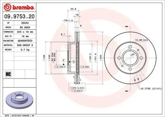 Bremsscheibe Vorderachse BREMBO 09.9753.21 Bild Bremsscheibe Vorderachse BREMBO 09.9753.21
